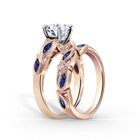 Rose Gold Created Round Cut Sapphire 925 Sterling Silver Leaf-shaped Design Bridal Ring Set