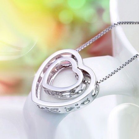 Cutout Two Hearts Pendant 925 Sterling Silver Simple Style Necklace for Women