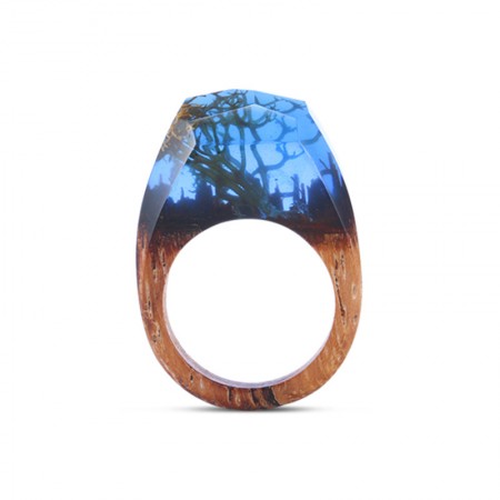 Unique Secret Forest Handmade Wood Resin Ring with Natural Scenery
