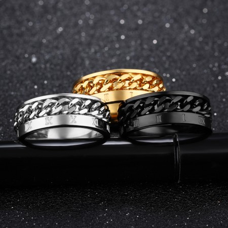 Titanium Steel Black Personality Roman Numeral Ring Rotating Chain Ring for Men