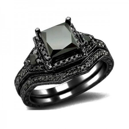 Princess Cut CZ 925 Sterling Silver Engagement / Wedding Ring Black Gold Plated