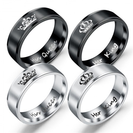 2Pcs Black Stainless Steel His Queen & Her King Couples Rings Set Wedding Engagement Promise Rings Band Anniversary Valentine's Jewelry for Couple 