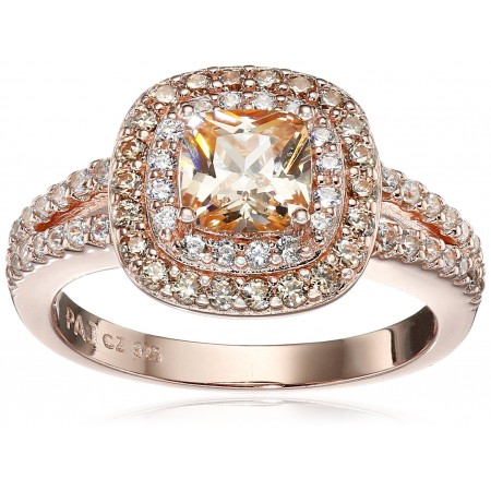14k Rose Gold Plated Sterling Silver Champagne Cubic Zirconia Cushion Cut 6mm Double Halo Ring
