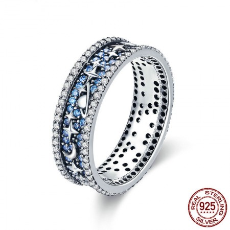 Personalized 925 Sterling Silver Blue Cubic Zirconia Hollow Star Moon Ring