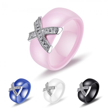 Black Blue White Pink Ceramic Promise Ring Inlay 5A Cubic Zirconia
