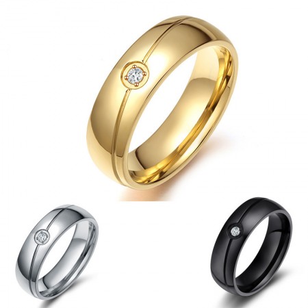 Simple and Elegant Black Gold Silver Titanium Steel Men's Ring with Cubic Zirconia