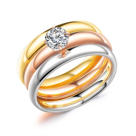 Three Color Stainless Steel CZ Set Promise Ring