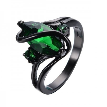 Stylish Black Gold Inlaid Emeralds Gem Engagement Ring
