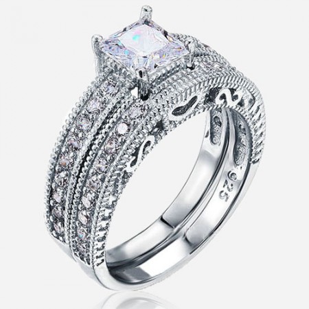 Romantic Heart Princess Cut Cubic Zircon 925 Sterling Engagement Ring Set