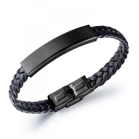 Engravable Black Charm Belt Bracelet For Men In Leather And Titanium