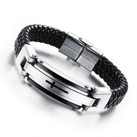 Engravable Cross Charm Belt Bracelet For Men In Leather And Titanium