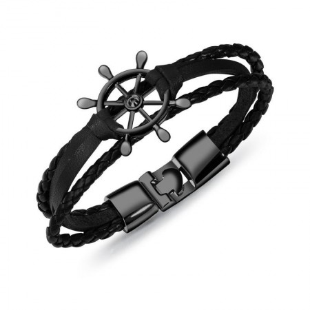 Unique Rudder Charm Three Strand Leather Belt Bracelet For Men