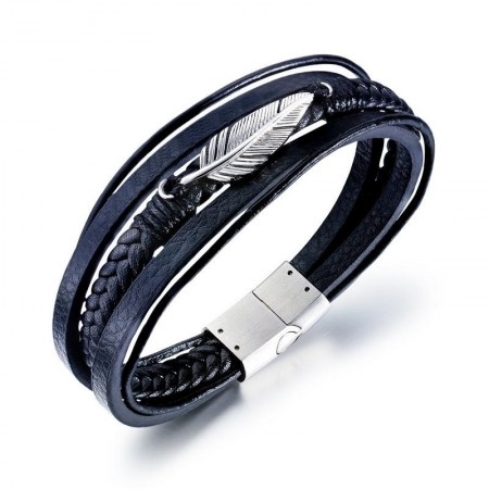 Unique Feather Charm Three Strand Leather Belt Bracelet For Men