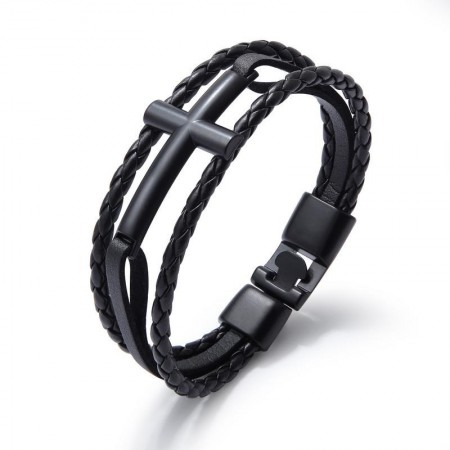 Unique Cross Charm Three Strand Leather Belt Bracelet For Men