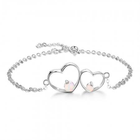 Unique Double Heart Charm Opal Bracelet For Womens In Sterling Silver