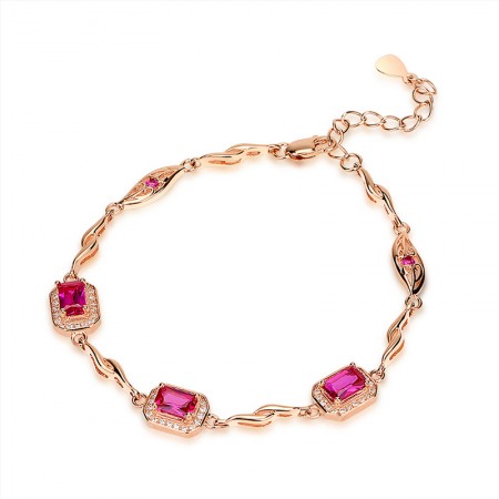New Sweet 925 Sterling Silver Plated Rose Gold Inlaid Red Corundum Bracelet