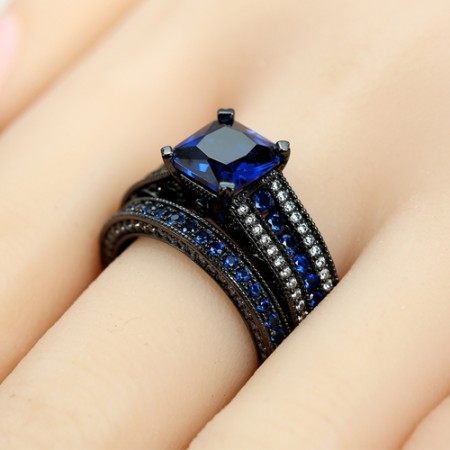 Blue Cubic Zirconia with Asscher Cut Women s Black Wedding Ring Set with 925 Sterling Silver