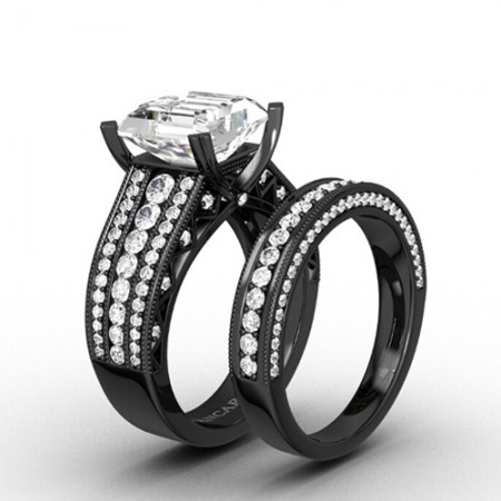 Black Antique Wedding Ring Set Bridal Set with Asscher Cut Cubic Zirconia 925 Sterling Silver
