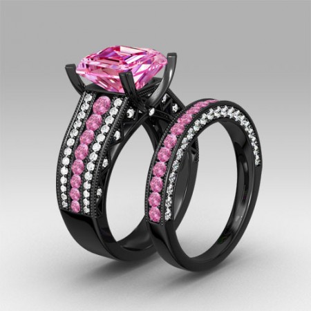 Pink and White Cubic Zirconia Asscher Cut Engagement Ring 925 Sterling Silver Black Wedding Ring Set
