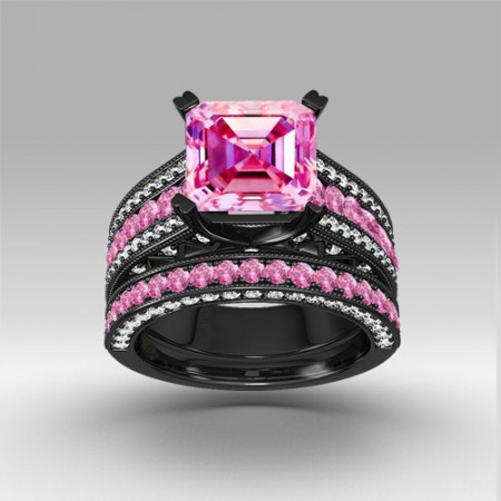 SixTwo 18K Gold Plated Pink Synthetic Cushion Cut 5ct Zircon Ring 5A Inlaid Cubic Zirconia Rings CZ Diamond Two Row Ring Eternity Engagement Wedding