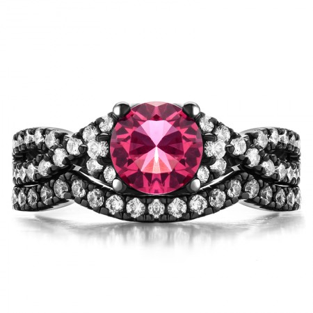 Round Pink Sapphire 4-Prong 925 Sterling Silver Black Engagement/Wedding Ring