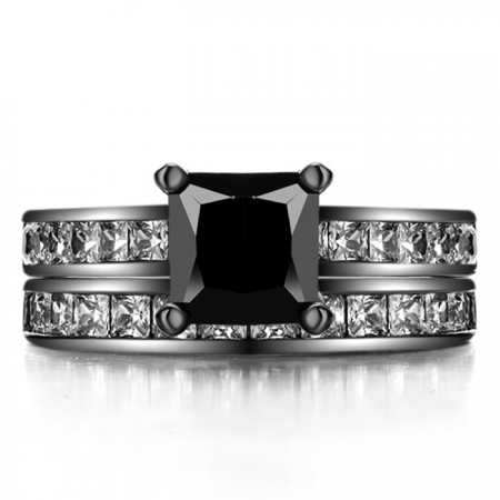 Princess Cut Black Sapphire 925 Sterling Silver Black Engagement/Wedding Ring Bridal Set