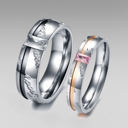 Stainless Steel with Crystal "Love you" Couple Rings Band