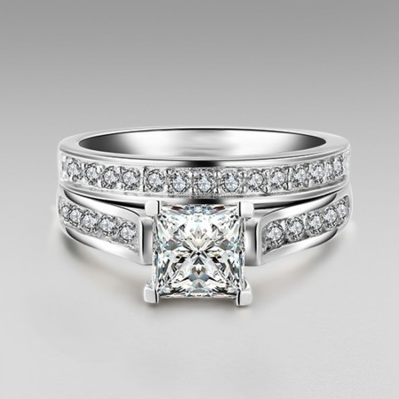1.0 CT Brilliant Princess Cut 925 Sterling Silver Engagement/Wedding Ring Bridal Set