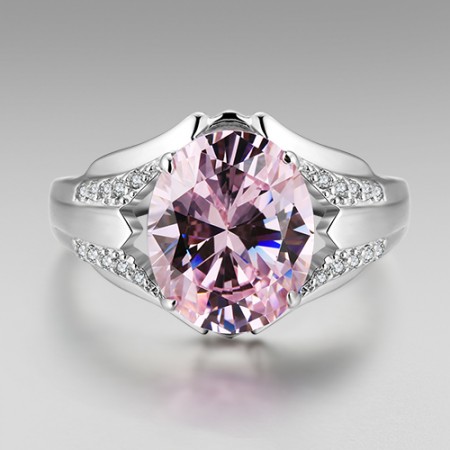Oval Cut Pink Cubic Zirconia 925 Sterling Silver Platinum Plated Women's Ring