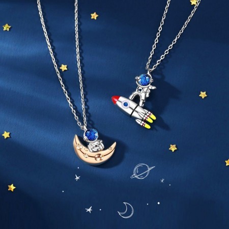 Unique Love You To The Moon And Back Matching Astronaut Necklaces For Couples In Sterling Silver