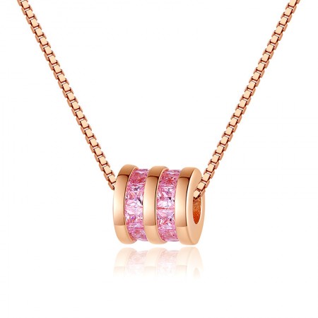 Cylinder Design Pink Cubic Zirconia Sterling Silver Rose Gold Chain Necklace For Women