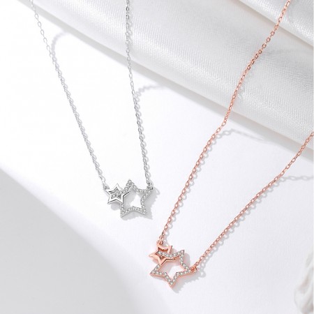 Fashion Two Star Rose Gold 925 Sterling Silver Necklace For Women