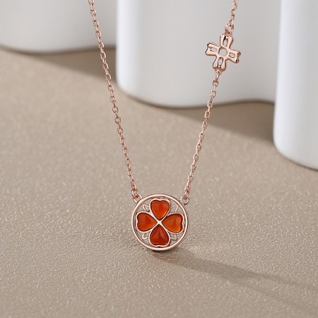 Red Agate Lucky Clover 925 Sterling Silver Rose Gold Necklace For Women