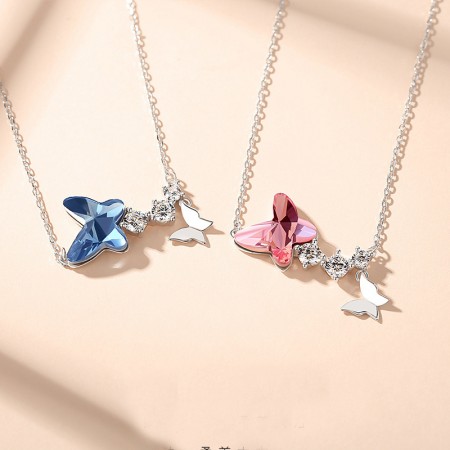 New Pink/Blue Austrian Crystal Butterfly 925 Sterling Silver Necklace For Women