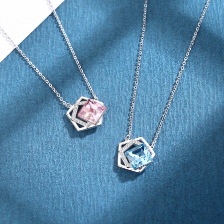 Pink/Blue Austrian Crystal Geometry 925 Sterling Silver Necklace For Women