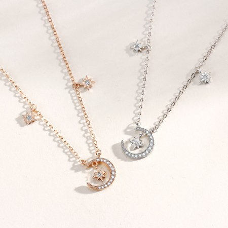 Rose Gold Moon & Star 925 Sterling Silver Necklace For Women