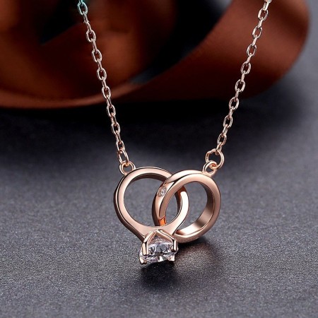 925 Silver Plated Rose Gold Couple Rings Pendant Woman's Necklace