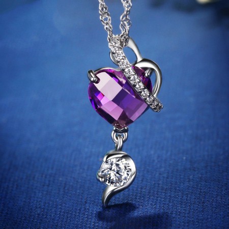 Classic 925 Sterling Silver Inlaid Purple Heart-Shaped CZ Necklace