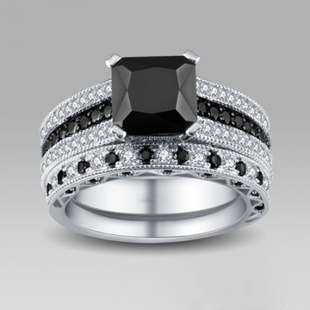 Black and White Cubic Zirconia 925 Sterling Silver Women's Wedding Ring Set/Bridal Set