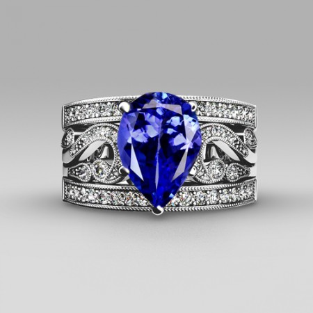 Pear Cut Lab-created Blue Sapphire 925 Sterling Silver Ring Set