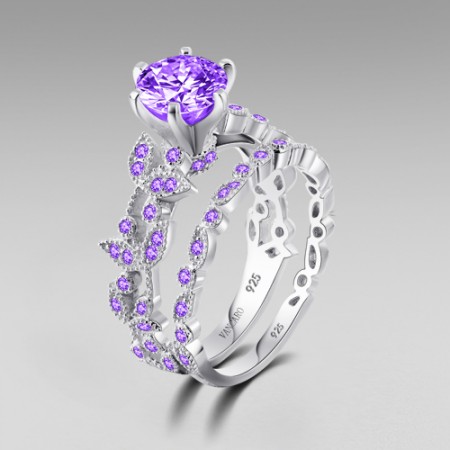 925 Sterling Silver Purple Lab-created Diamond Women's Leaf Style Ring Set