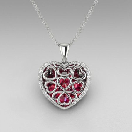 925 Sterling Silver Cut-out Design Heart Ruby ' I Love You' Engraved Women's Necklace