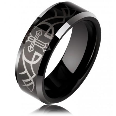 Noble Luxurious Angel Wings Black Cross Tungsten Couple Rings (Price For a Pair)