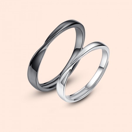 Black & Silver Mobius Design 925 Sterling Silver Adjustable Promise Rings For Lovers