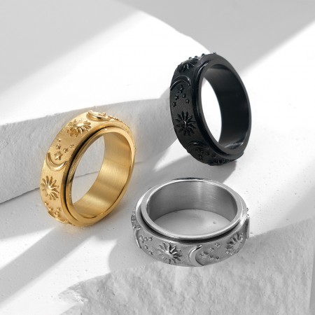Bohemian Style Rotating Titanium Steel Ring with Sun, Moon, and Star Design in 3 Colors