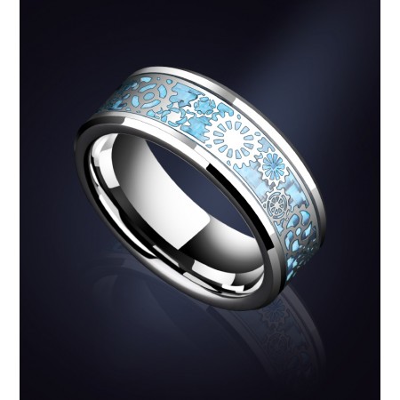 Gentleman Mens 8mm Blue Tungsten Carbide Ring Steampunk Gear Wheel Ring for Men Carbon Fiber Inlay Wedding Band