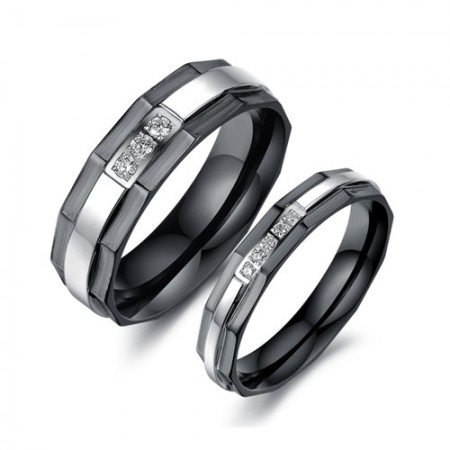 Black and Silver Stainless Steel with Cubic Zirconia Couple Rings