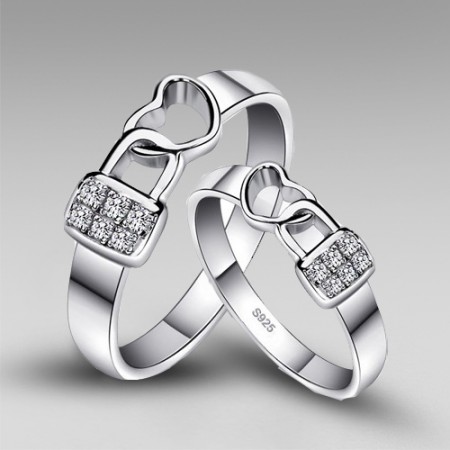 Romantic 'Lock Heart' 925 Sterling Silver With Platinum Plated Couple Rings