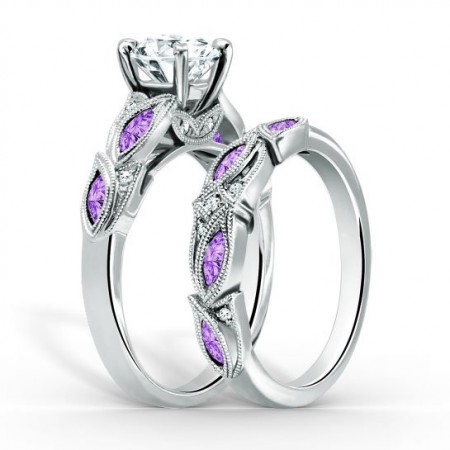 Vintage Created White Sapphire with Lilac Amethyst Sidestone 925 Sterling Silver Leaf-shaped Design Bridal Ring Set