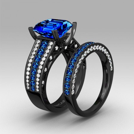 Blue Cubic Zirconia with Asscher Cut Women's Black Wedding Ring Set with 925 Sterling Silver